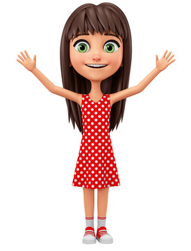 Cartoon character girl in red dress shows hands up greeting sign on white  background. 3d rendering. Illustration for advertising. Stock Illustration  | Adobe Stock