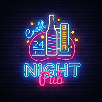 Pub Neon Signboard Vector. Beer Pub neon sign, design template, modern trend design, night neon signboard, night bright advertising, light banner, light art. Vector illustration