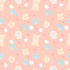Seamless vector pattern with cute doodle dogs on pink background. Bright lovely illustration of colorful animals.
