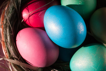 Easter eggs on wooden planks