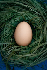 chicken eggs basket on the hey