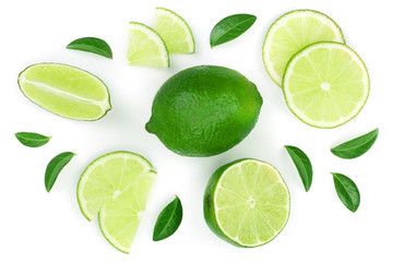 sliced lime with leaves isolated on white background. Top view. Flat lay pattern