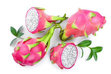 Dragon fruit, Pitaya or Pitahaya isolated on white background. Top view. Flat lay