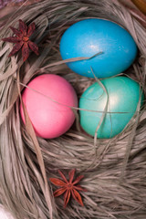 Easter eggs on wooden planks