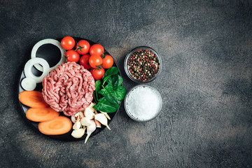 Mince. Shredded meat with ingredients fresh vegetables and spices for cooking on a black background. Top view copy space.