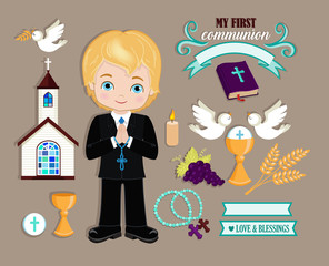 Set of design elements for First Communion for boys. Vector illustration for religious holidays.
