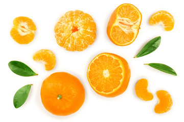 tangerine or mandarin with leaves isolated on white background. Top view. Flat lay