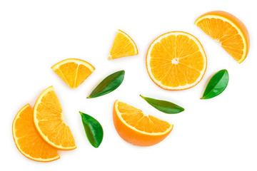 orange with leaves isolated on white background with copy space for your text. Top view. Flat lay
