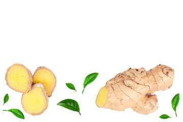 fresh Ginger root and slice isolated on white background with copy space for your text. Top view. Flat lay