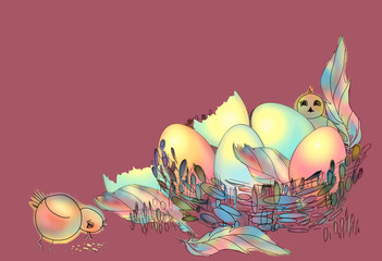  Easter chickens, eggs and feathers on a background, copy space. Greeting card for Easter. Baby bird in a nest.