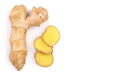 fresh Ginger root and slice isolated on white background with copy space for your text. Top view. Flat lay