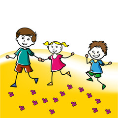 Hand drawn children walk on the lawn in the summer