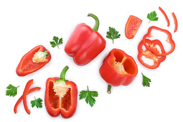red sweet bell pepper isolated on white background with copy space for your text. Top view. Flat lay