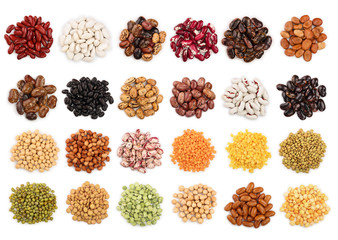 mix legumes isolated on white background. Top view. Flat lay