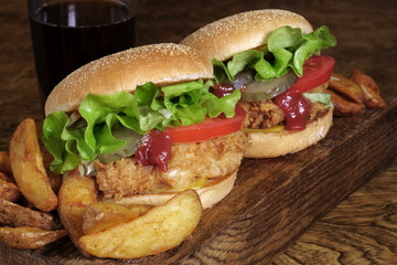 juicy beef burger, french fries, wooden board