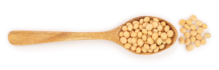soybeans in wooden spoon isolated on white background top view