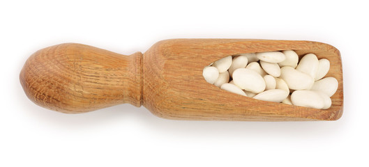 white kidney bean in wooden scoop isolated on white background. Top view. Flat lay