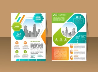 Vector Business brochure, flyers design template, company profile, magazine, poster, annual report, book & booklet cover, with green wavy line, and cityscape vector in background elements, size a4.