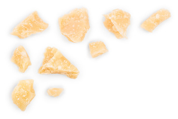 Parmesan cheese pieces isolated on white background with copy space for your text. Closeup. Top view. Flat lay