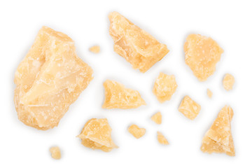 Parmesan cheese pieces isolated on white background. Closeup. Top view. Flat lay
