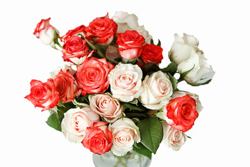 a bouquet of white and red roses in a glass vase top view. Clipping path