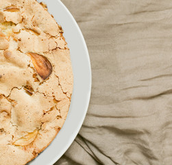  Home baked apple pie. Round meal on the textile  background.  social  media food blog concept image