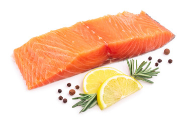 fillet of red fish salmon with lemon and rosemary isolated on white background