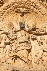 PALMA DE MALLORCA, SPAIN - JANUARY 27, 2019: The statue of Immaculate Conception on the baroque portal of church Iglesia de San Francisco by Pere Horrach and Francisco de Herrera (17. cent.)..