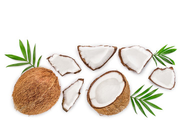 Fototapeta na wymiar coconut with leaves isolated on white background with copy space for your text. Top view. Flat lay