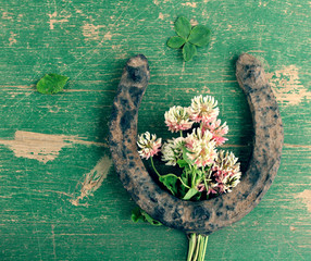 A bouquet of wild flowers and an old horseshoe on a wooden background/card "good luck"