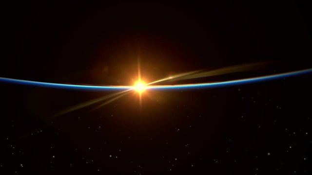 Sunrise from space over earth shape rotating orange flare bright light. Contains public domain image by Nasa