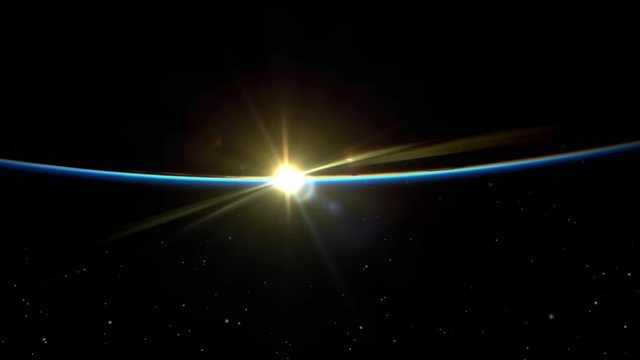 Sunrise from space over earth shape rotating blue flare bright light. Contains public domain image by Nasa