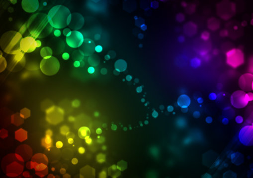 Bright colorful festive background with glowing bubbles and hexagons