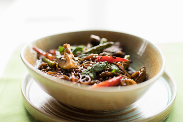 Asian food in the plate, buckwheat soba with vegetables