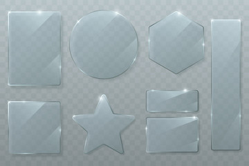 Vector glass plates set isolated on transparent background. Glossy texture of clear glass with bright highlights. Circle, square, rhombus, rectangle and star. Transparent banners. Eps 10.