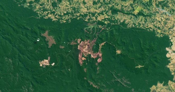 Very high-altitude overflight aerial of mining and deforestation, Carajas National Forest, Brazil. Clip loops and is reversible. Elements of this image furnished by NASA