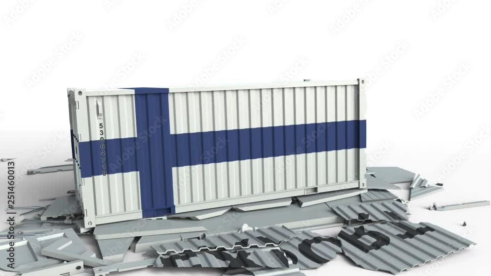 Poster container with export text being crashed with container with flag of finland, conceptual 3d animatio