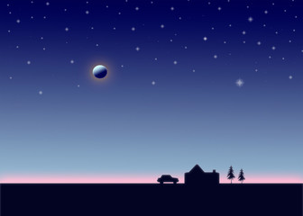 Cartoon night. Moon and stars in the sky, parked car, house, hut, trees. Quiet place and calm concept.