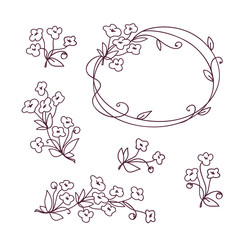 Set of floral design elements. Flower branch wreath romantic design with sakura flowers.