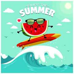 Vintage summer poster design with vector watermelon & sunglasses characters.
