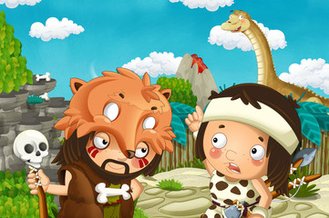 cartoon scene with caveman and boy in the village and diplodocus - illustration for children