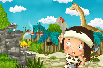 cartoon scene with caveman boy in the village and diplodocus - illustration for children