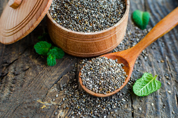 Healthy Chia seeds in a wooden bowl