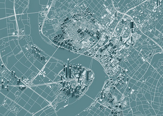 Satellite view of Shanghai, map of the city with house and building. Skyscrapers. China. People's Republic of China. 3d rendering