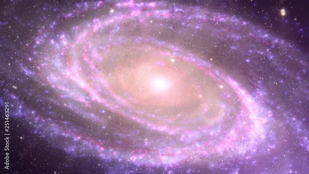 Sticker spiral galaxy rotating in outer space with star field and pink burst flare light. contains public do