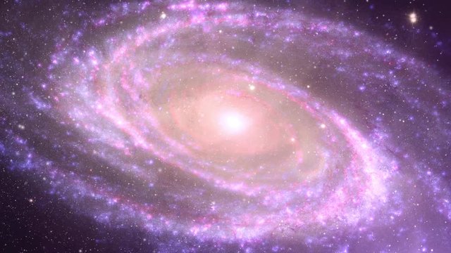 Spiral galaxy rotating in outer space with star field and pink burst flare light. Contains public domain image by Nasa