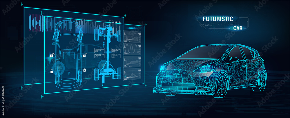 Poster Car service in the style of HUD. Virtual graphical interface Ui HUD Autoscanning, analysis and diagnostics, Abstract vector science. Car auto service infographics. repair Futuristic user interface
