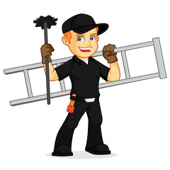Chimney Sweeper hold ladder ans broom