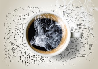 Cup od hot coffe on doodles background