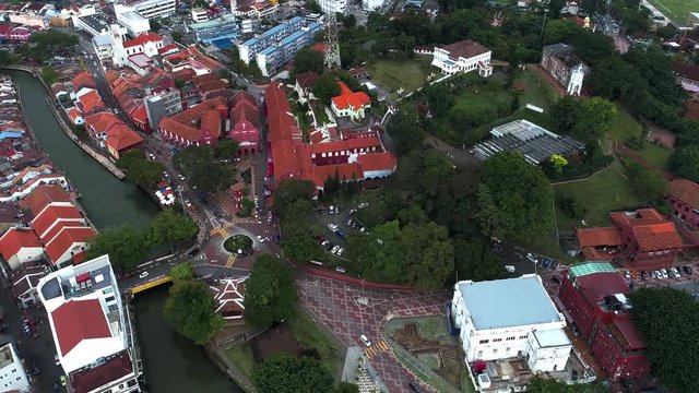 Aerial view Melacca history, Christ Church, an 18th-century Anglican church in the city of Melaka, Malaysia. It is also the oldest functioning Protestant church in Malaysia.